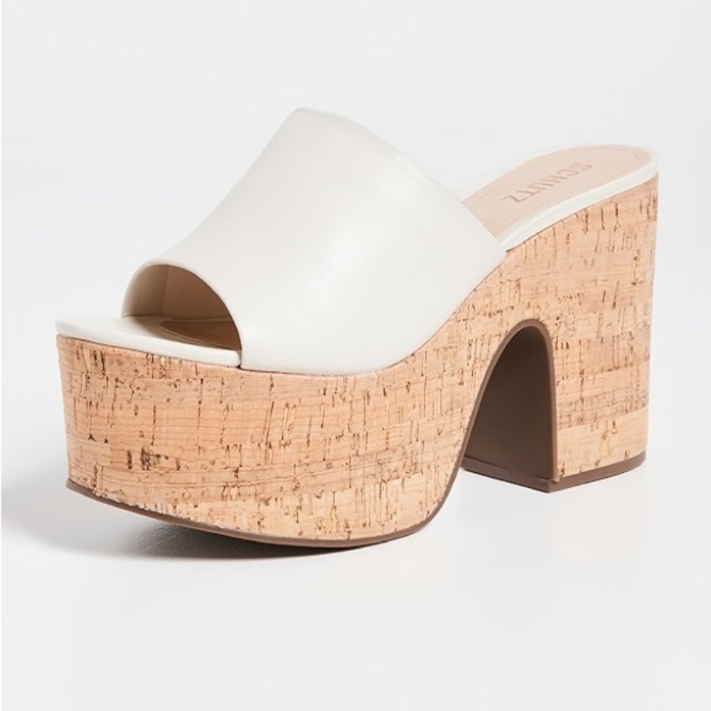 SCHUTZ Dalle Cutout Sandals Cream Cork Block Heel Platform Mules Shoes Size 9.5
